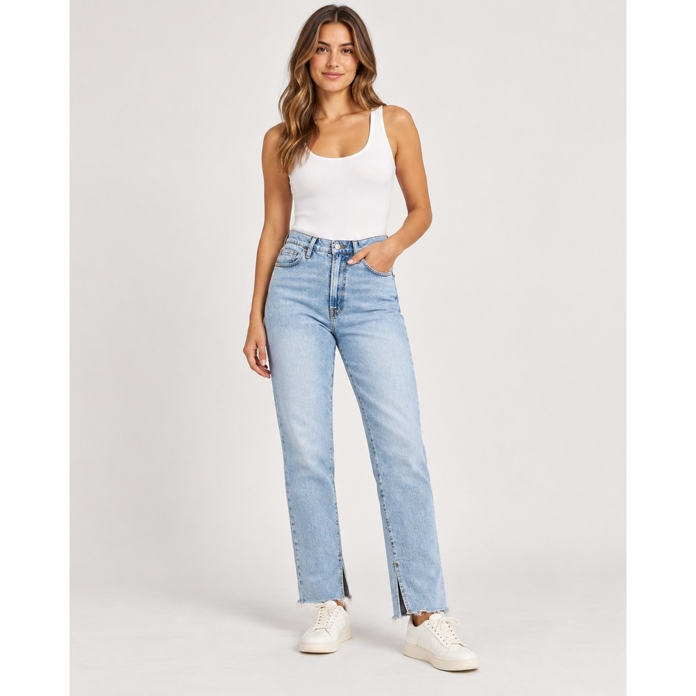 Good American Straight Jeans Womens 10/30 Light Wash Raw Frayed Split Hem Denim
